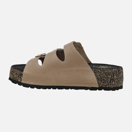 Sandalias bio de plataforma en piel beige con 3 hebillas