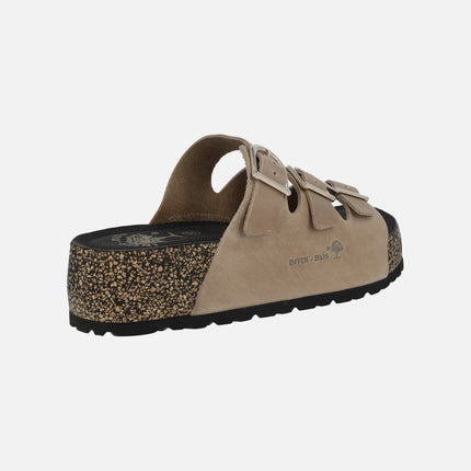 Sandalias bio de plataforma en piel beige con 3 hebillas