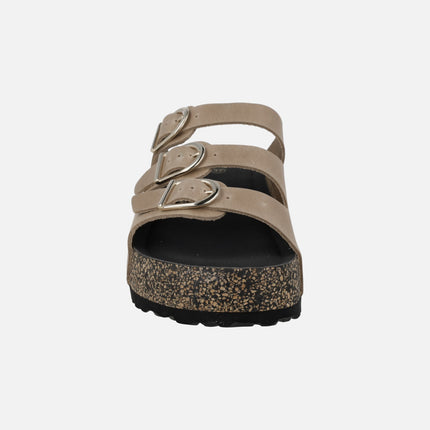 Sandalias bio de plataforma en piel beige con 3 hebillas