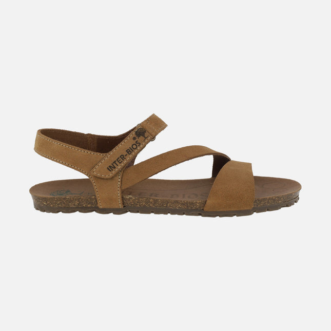 Sandalias bio para mujer en serraje cuero con cierre de velcro