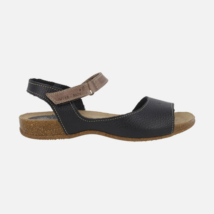 Sandalias bio en piel negra con tira de velcro en taupe