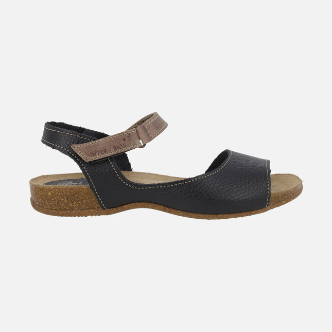 Sandalias bio en piel negra con tira de velcro en taupe