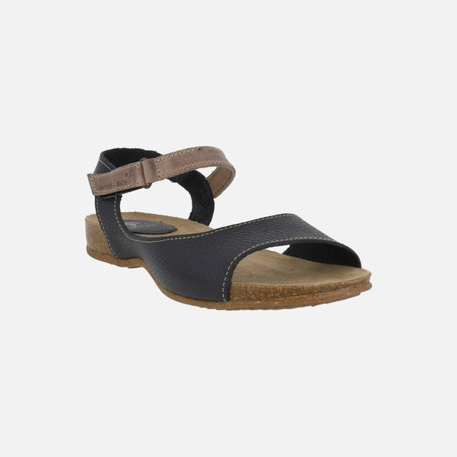 Sandalias bio en piel negra con tira de velcro en taupe