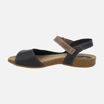 Sandalias bio en piel negra con tira de velcro en taupe