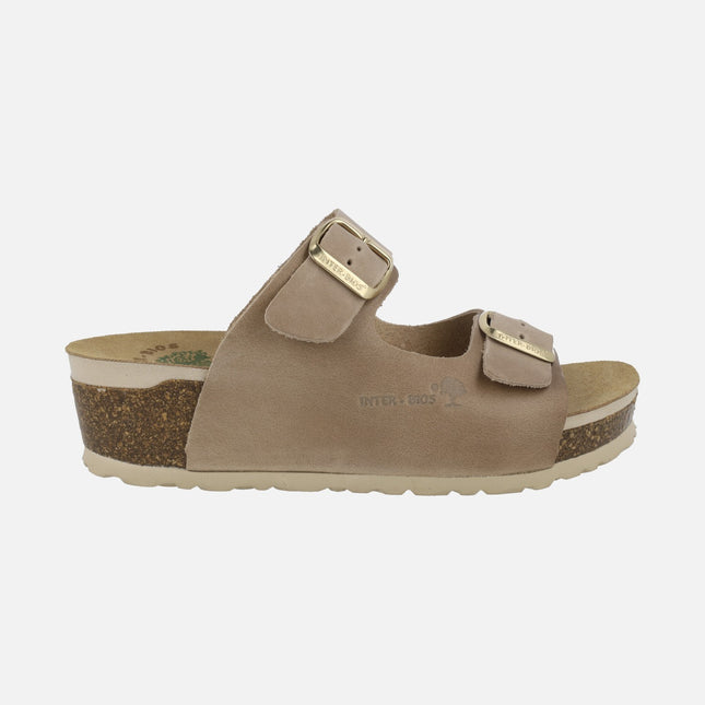 Sandalias bio de cuña en piel con dos hebillas