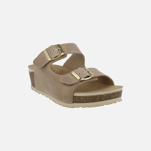 Sandalias bio de cuña en piel con dos hebillas
