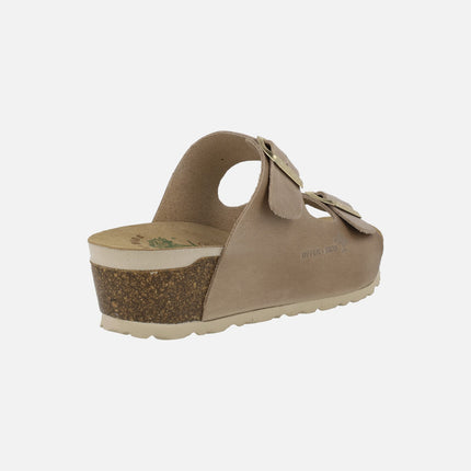 Leather wedged bio sandals with two buckles
