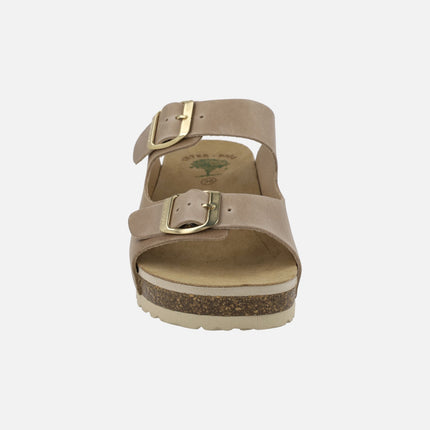 Leather wedged bio sandals with two buckles