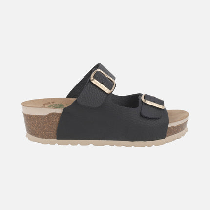 Leather wedged bio sandals with two buckles