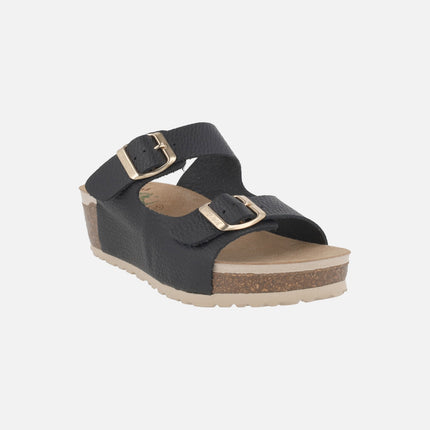Leather wedged bio sandals with two buckles
