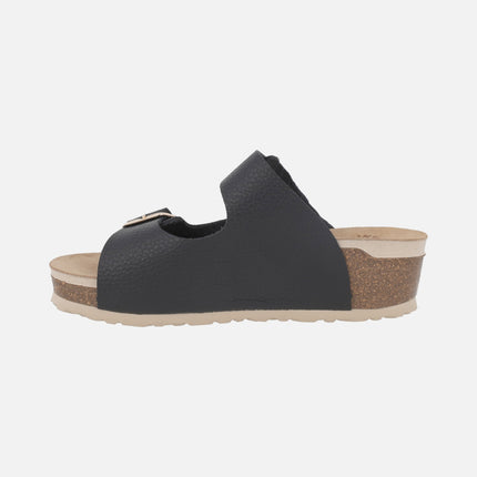 Leather wedged bio sandals with two buckles