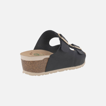 Leather wedged bio sandals with two buckles