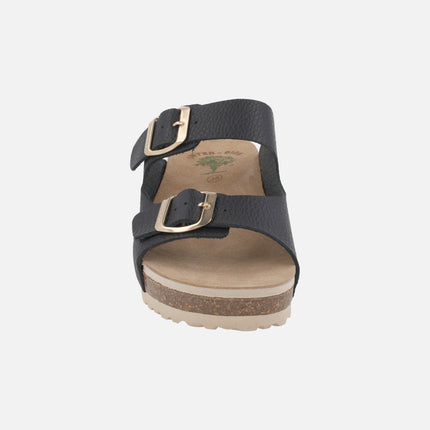 Leather wedged bio sandals with two buckles