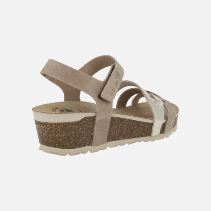 Sandalias de cuña en combinado beige y platino con cierre de velcro