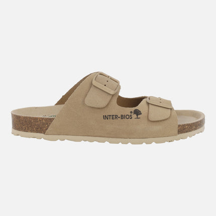 Sandalias bio de serraje beige con hebillas al tono