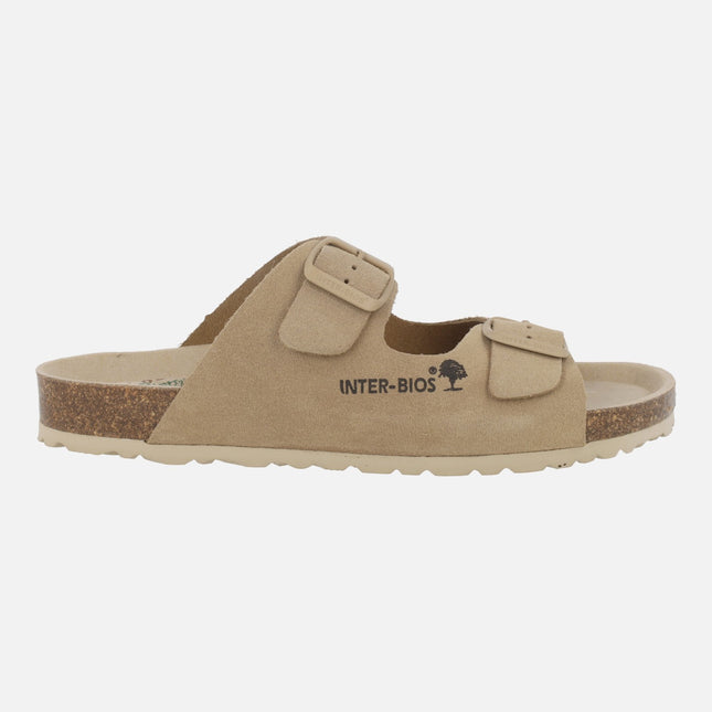 Sandalias bio de serraje beige con hebillas al tono