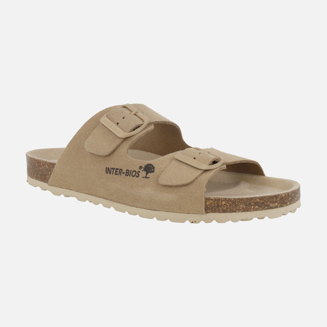 Sandalias bio de serraje beige con hebillas al tono