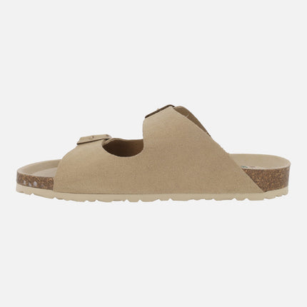 Sandalias bio de serraje beige con hebillas al tono