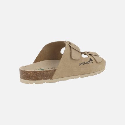 Sandalias bio de serraje beige con hebillas al tono