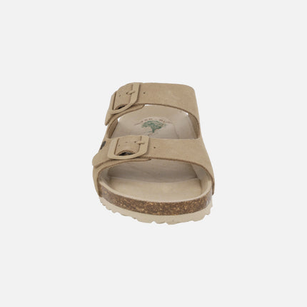 Sandalias bio de serraje beige con hebillas al tono