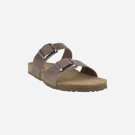 Sandalias bio para hombre en piel marrón con hebillas