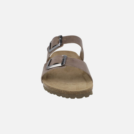 Sandalias bio para hombre en piel marrón con hebillas