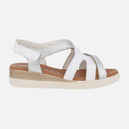 Low wedge sandals in white and silver combination