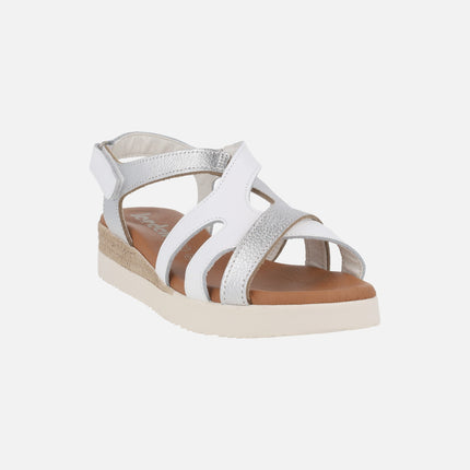 Low wedge sandals in white and silver combination