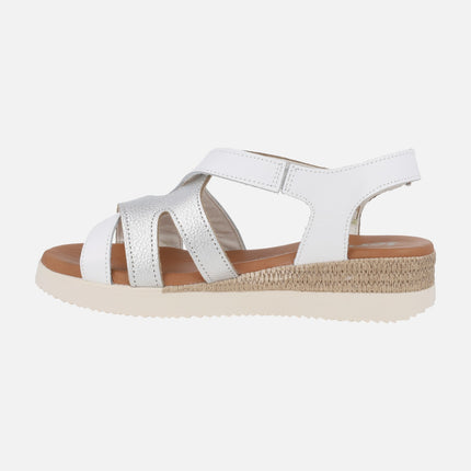 Low wedge sandals in white and silver combination