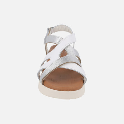 Low wedge sandals in white and silver combination