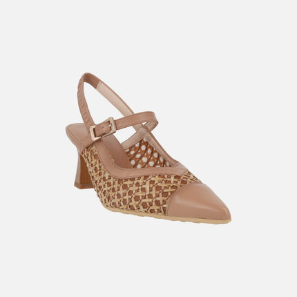 Heeled slingback shoes in combined leather and raffia