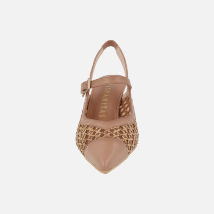 Heeled slingback shoes in combined leather and raffia