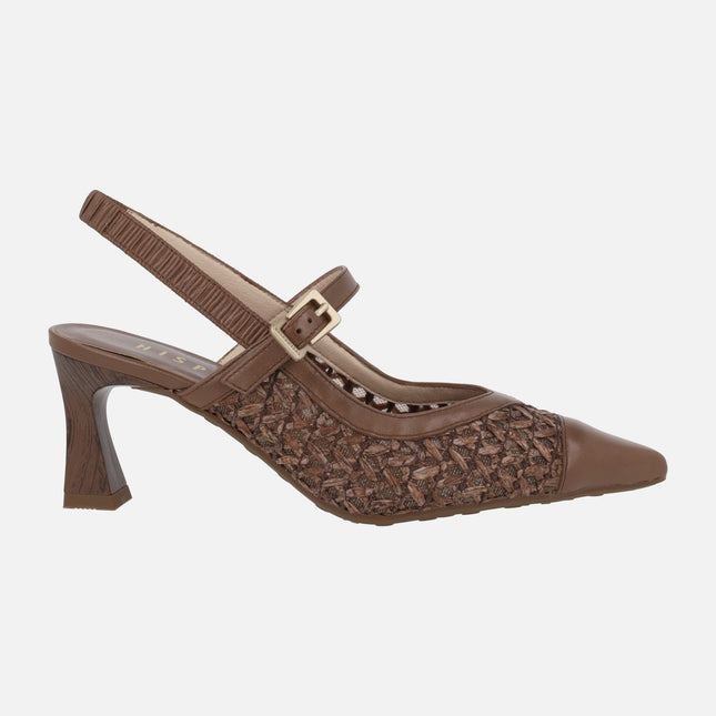 Heeled slingback shoes in combined leather and raffia