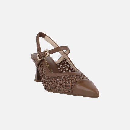 Heeled slingback shoes in combined leather and raffia