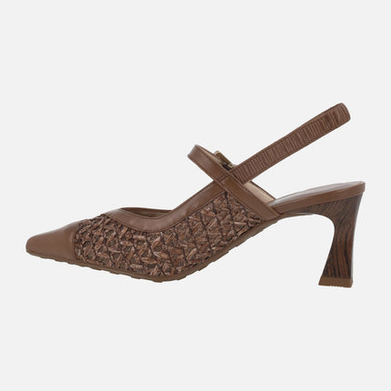 Heeled slingback shoes in combined leather and raffia