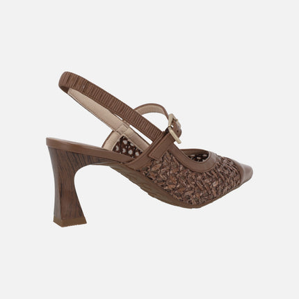 Heeled slingback shoes in combined leather and raffia