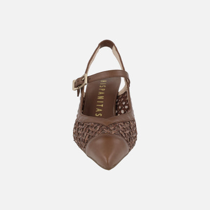 Heeled slingback shoes in combined leather and raffia