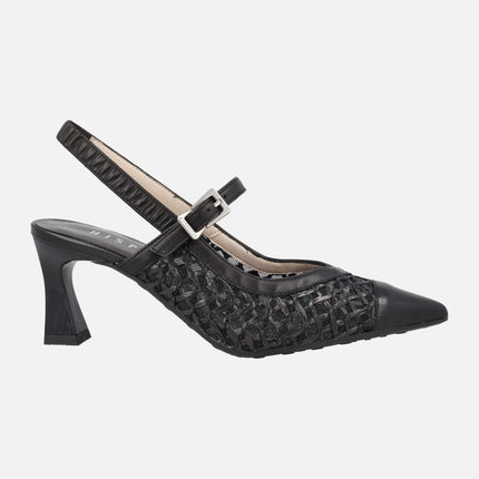Heeled slingback shoes in combined leather and raffia