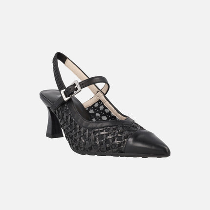 Heeled slingback shoes in combined leather and raffia