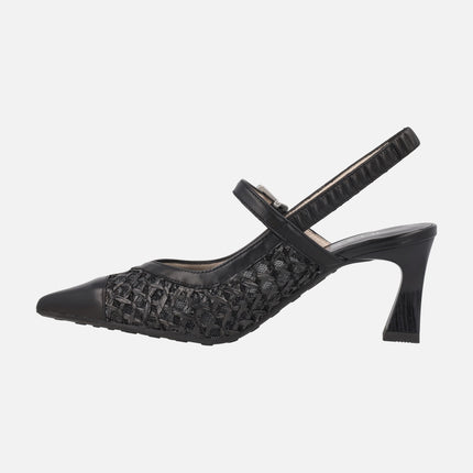 Heeled slingback shoes in combined leather and raffia