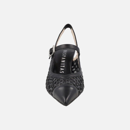Heeled slingback shoes in combined leather and raffia