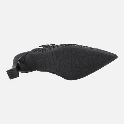 Heeled slingback shoes in combined leather and raffia