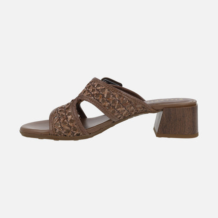 Tulipan Mule sandals with buckle in leather and raffia