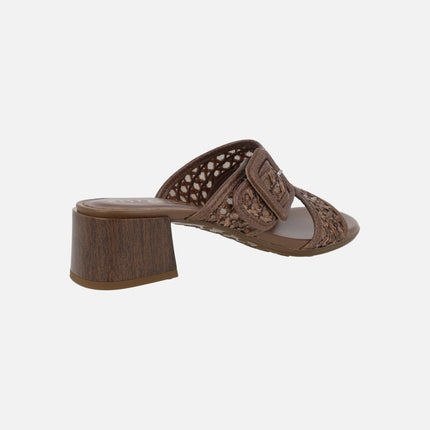 Tulipan Mule sandals with buckle in leather and raffia