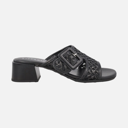 Tulipan Mule sandals with buckle in leather and raffia