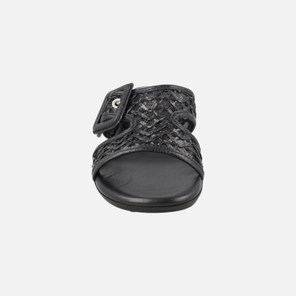Tulipan Mule sandals with buckle in leather and raffia