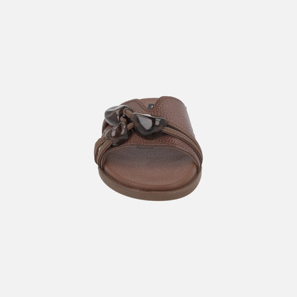 Flat leather sandals with rhinestones