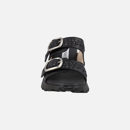 Ambar Black leather sandals with two silver buckles
