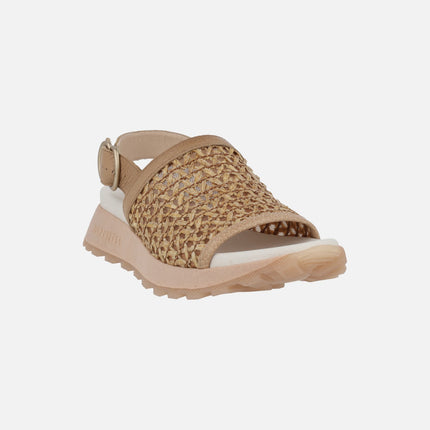 Sandals with wide raffia strap and heel strap with buckle
