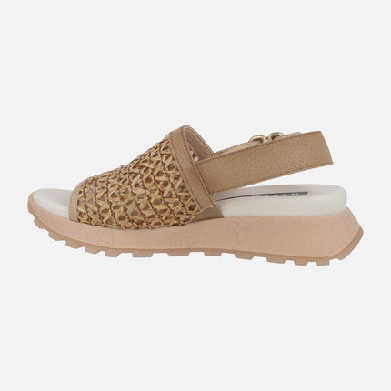 Sandals with wide raffia strap and heel strap with buckle